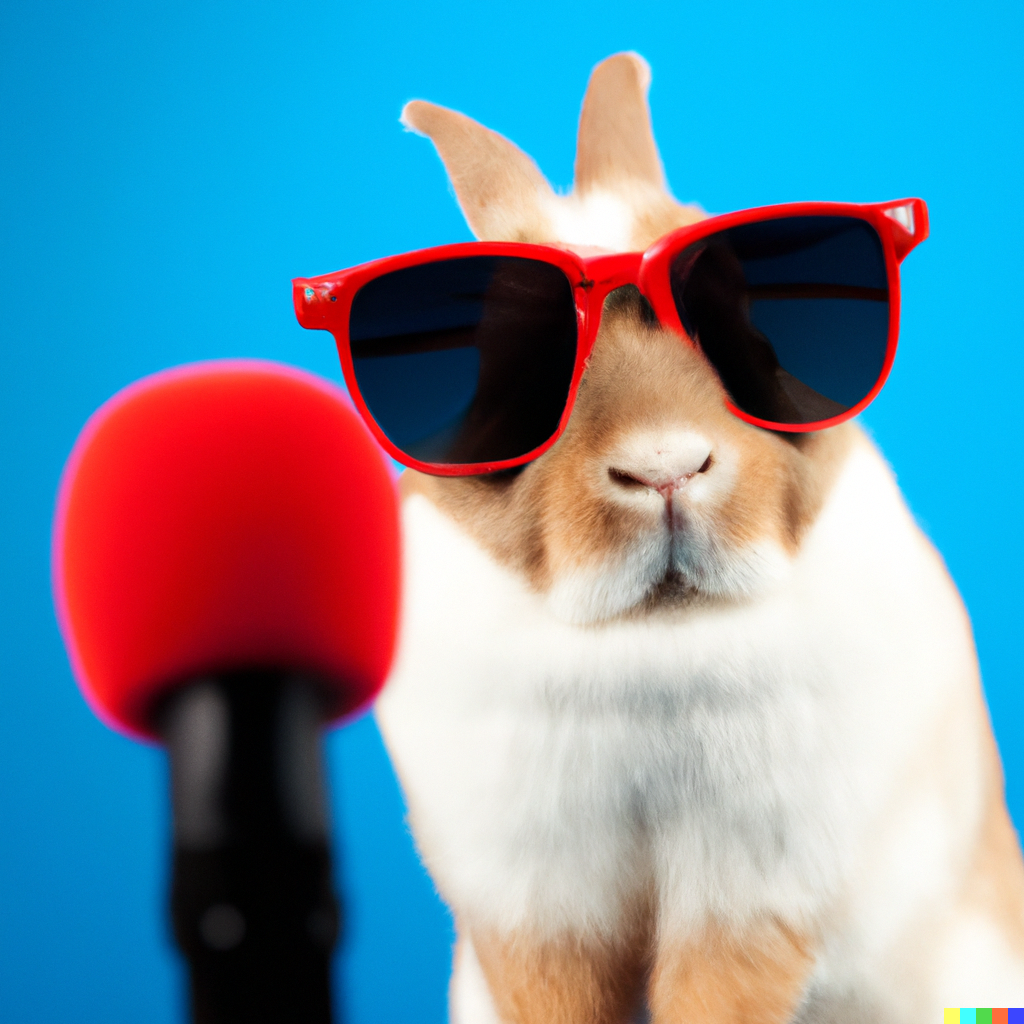 Annoyed rabbit wearing shades refusing to take questions at a press conference