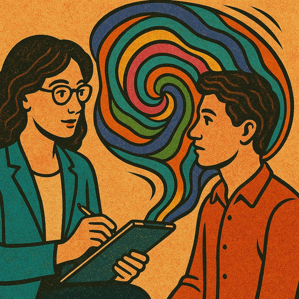 A man attends talk therapy with a woman therapist.